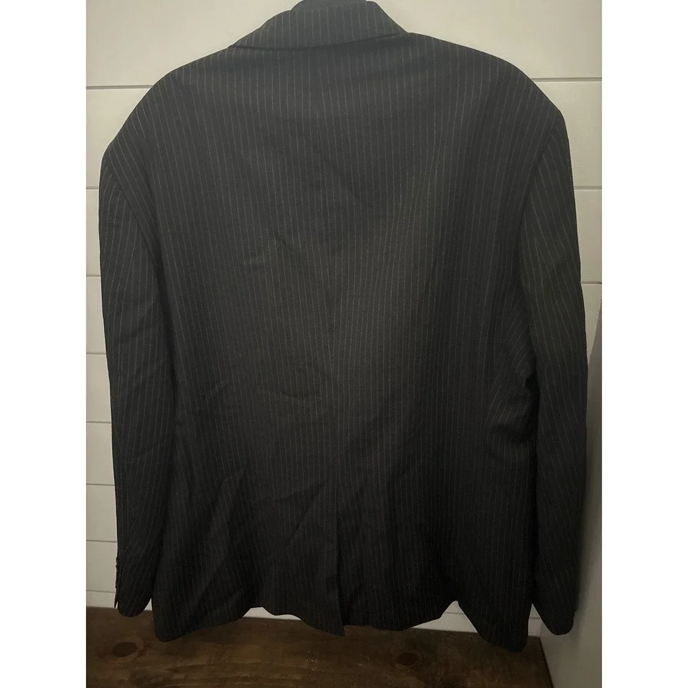 J. Ferrar Mens 2 Piece Suit 48R Black Pinstripe 100% Wool Blazer Trousers Set